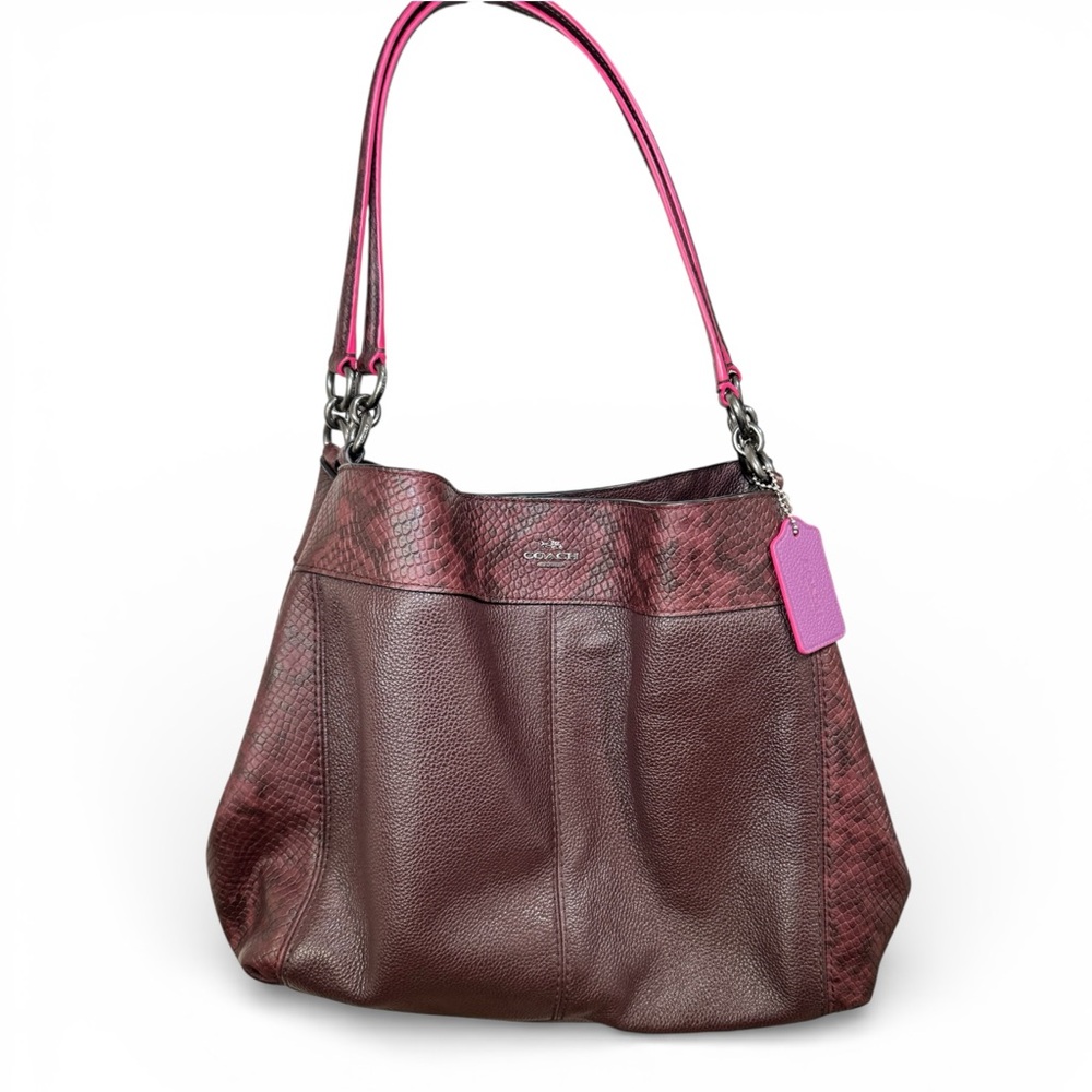 Coach Lexy Colorblock Pebble Leather & Genuine Snakeskin Shoulder Bag Burgundy - Picture 3 of 17
